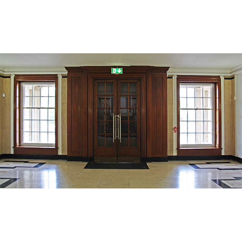 Entrance to Wiltshire County Hall with large vertical sliding secondary glazing units