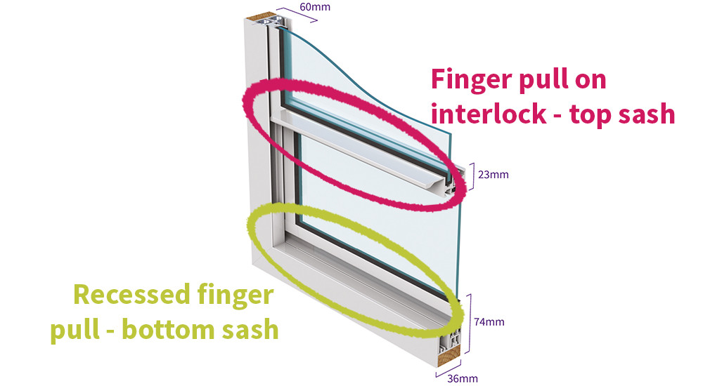 Selectaglaze Series 20 slimline vertical sliding handles, recessed finger pull and standard finger pull