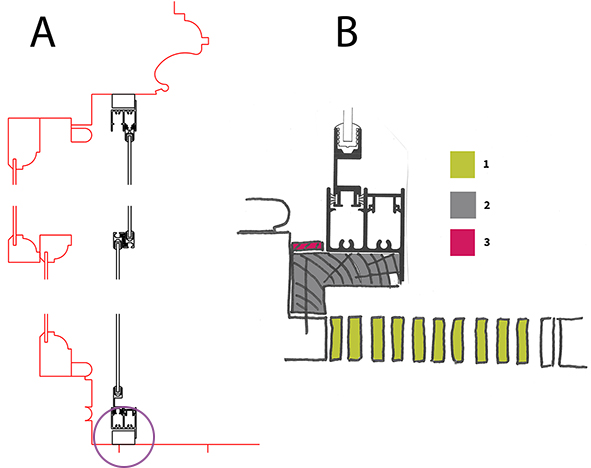 A diagram showing the solution of how to fix the secondary glazing using enlarged timber grounds with a rebate to avoid clashing with the heating grille