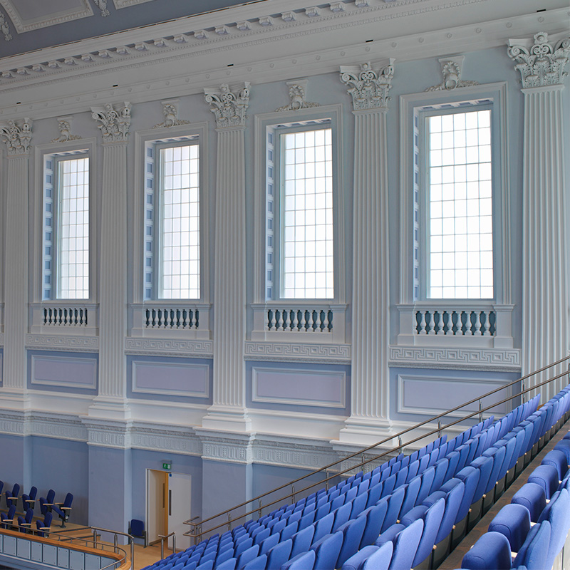Monumental side hun casements at Grade 1 Listed Birmingham Town Hall for noise and thermal insulation