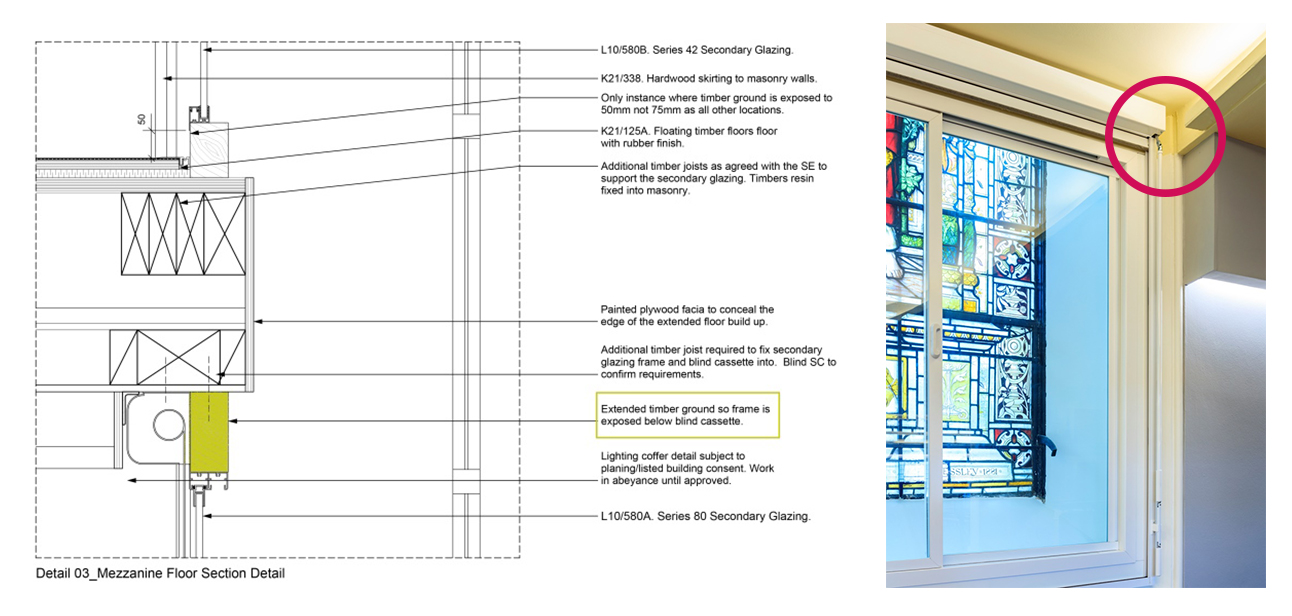 Corner detail showing the enlarged timbers to accept the external blind over the secondary glazing