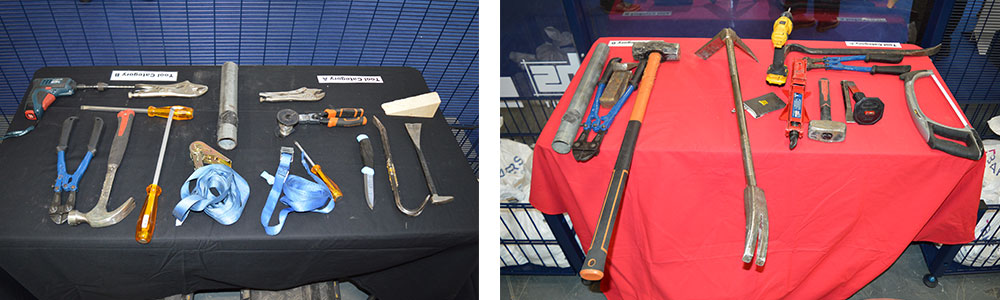 The International Security Expo LPCB Attack Zone attack tools, with Cat A, B, C, D tools used for attack testing the Series 43 security fixed light unit