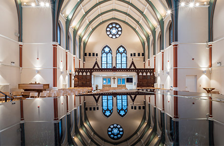 Downing Place United Reformed Church interior reflection on piano