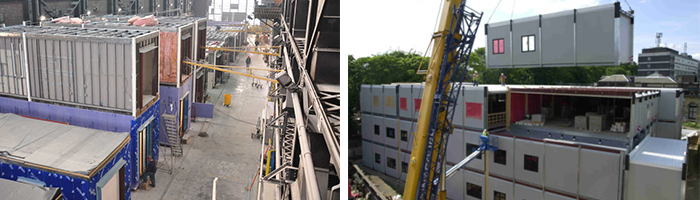 Off site modular build from pods in a factory to lego bricks being assembled on site
