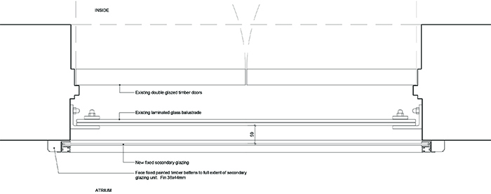 The architectural detailed drawing of Selectaglaze secondary glazing with an internal yet external door in an atrium, in an office block in central London