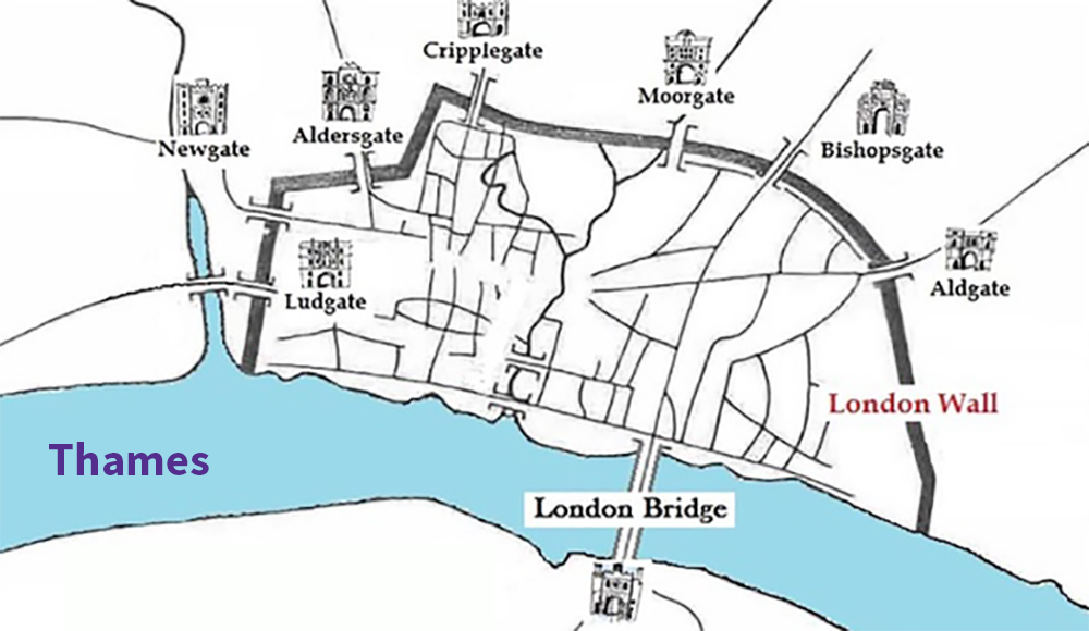 Londinium enclosed in the Roman Wall - a map of  Roman Londinium