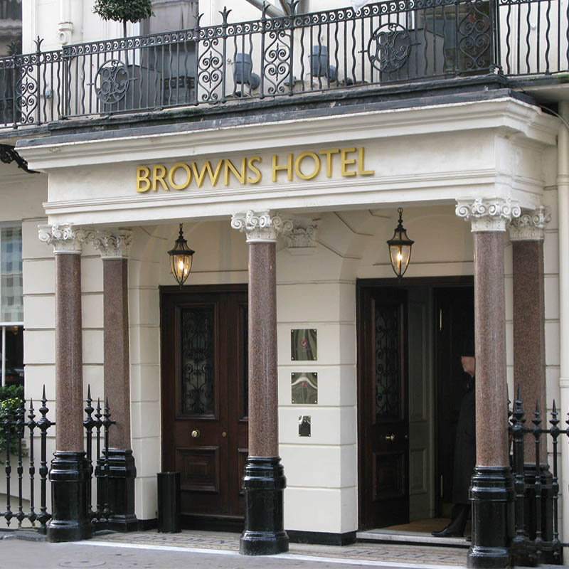 Facade of Browns Hotel, on busy thoroughfare