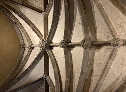 The carved relief bosses along the rib vault in the Jewel Tower, Westminster