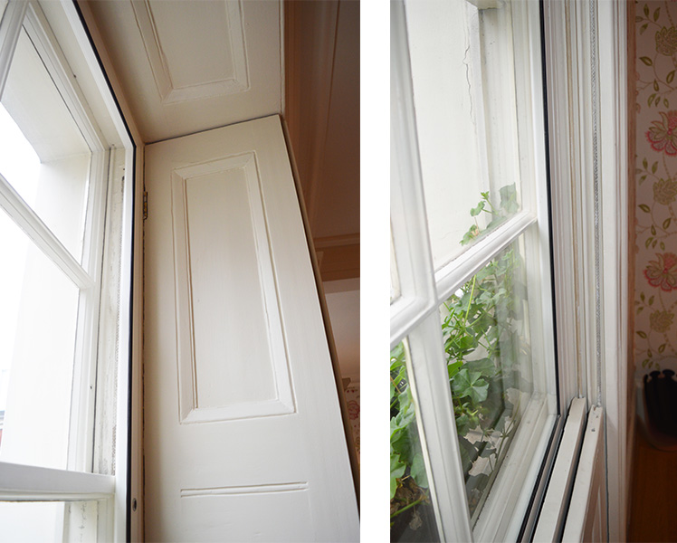 Side views of secondary glazing between primary and shutters
