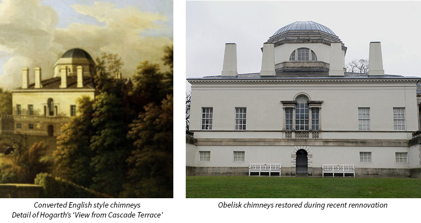 Converted English style chimneys at Chiswick House V the reinstated original designed obelisk chimneys