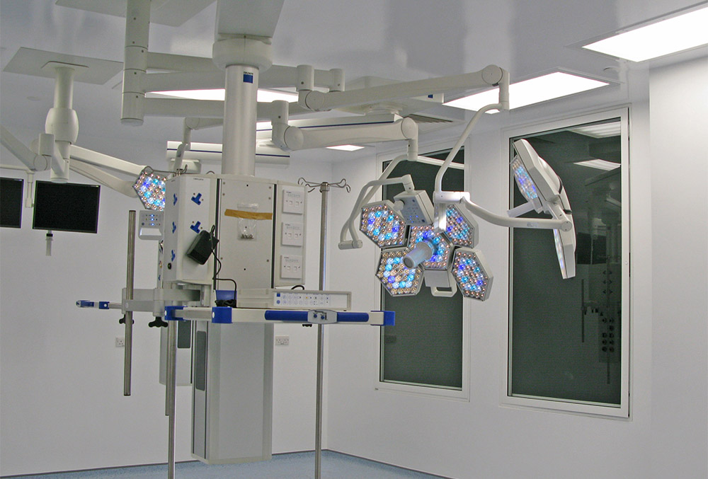An operating theatre with black out blinds between secondary and primary glazing at St Barts Hospital