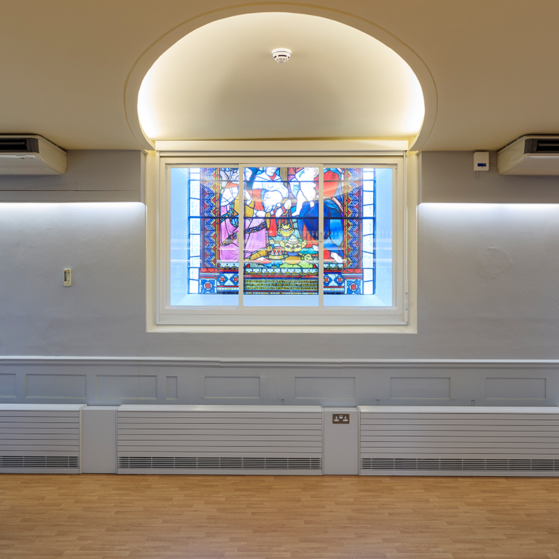 Series 80 heavy duty 3 pane horizontal sliding system for noise mitigation in a converted church, Marylebone, London