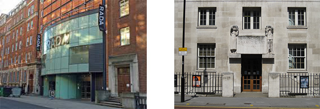 RADA entrances with Gower Street providing access for staff and students and Malet Street serving as the public entrance