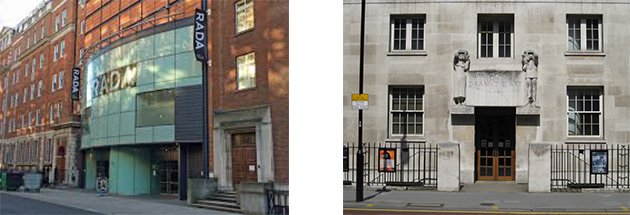 RADA entrances with Gower Street providing access for staff and students and Malet Street serving as the public entrance