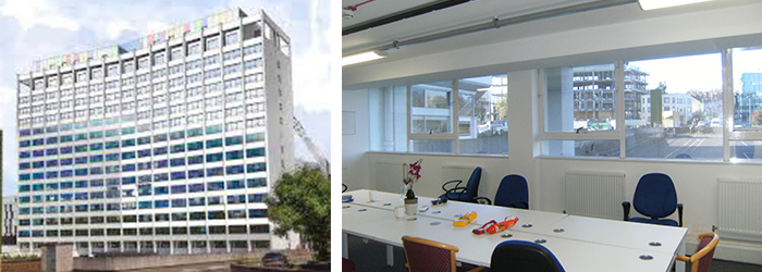 The external view of the office block and internal offices which were to be converted to residential units. Secondary glazing was installed to improve the acoustic window insulation