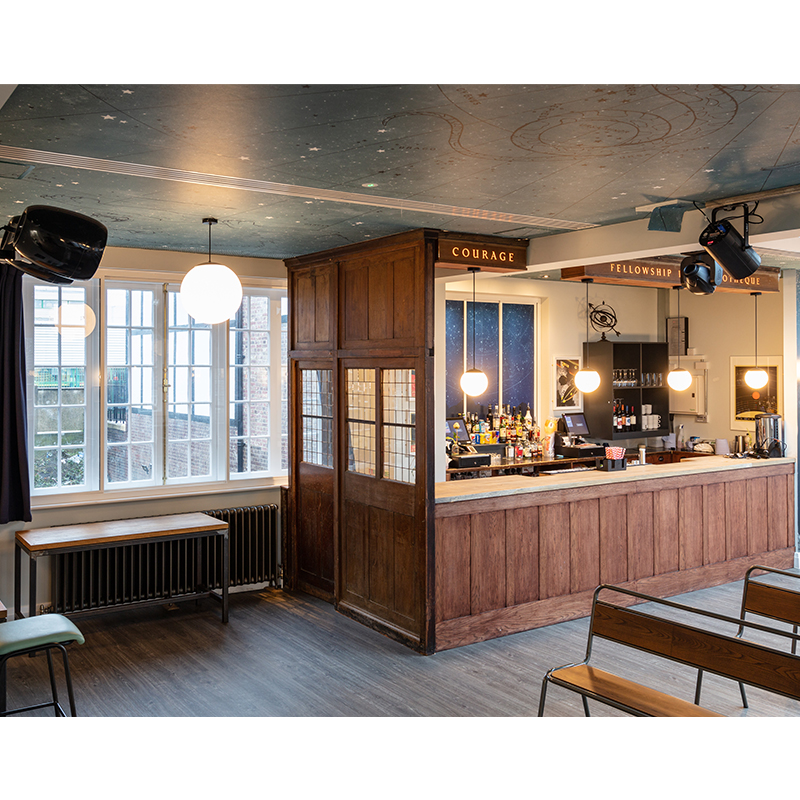 The bar area at the Fellowship and Star in South London, with Selectaglaze Series 15 horizontal sliding secondary double glazing for noise insulation