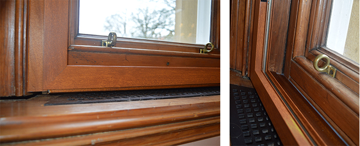 An image showing the final treatment of the timber grained secondary glazing sitting above the window board heating grilles, maintaining heat recovery into the room and providing acoustic insulation