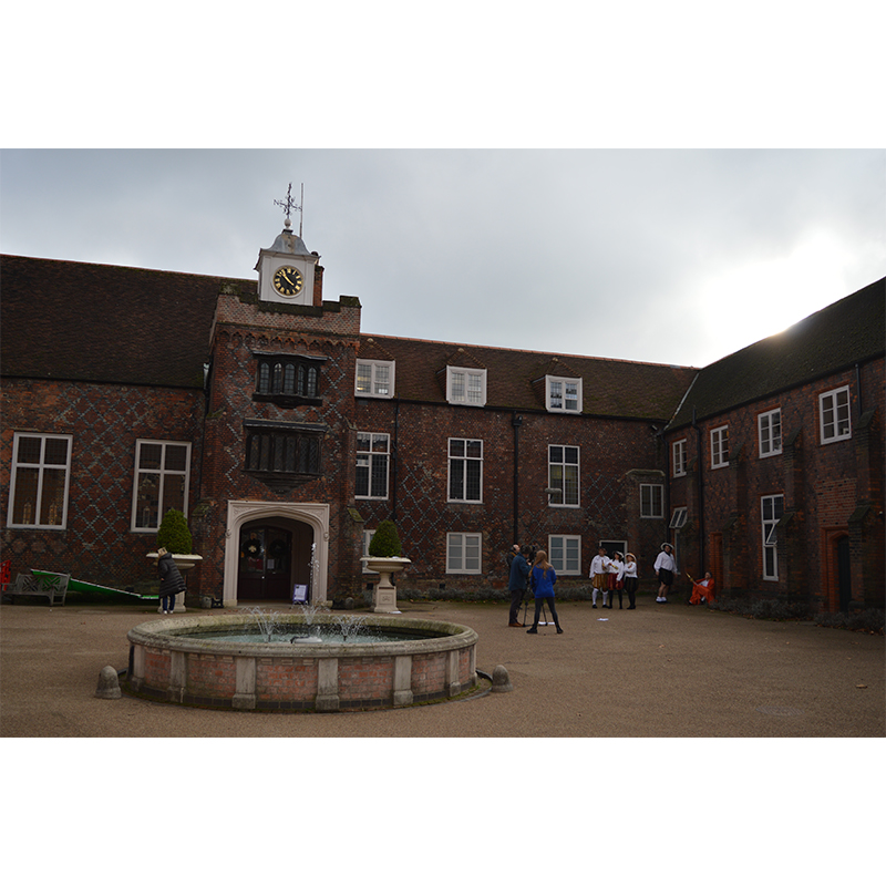 The quadrangle at Fulham Palace with tudor windows and beautiful fountain