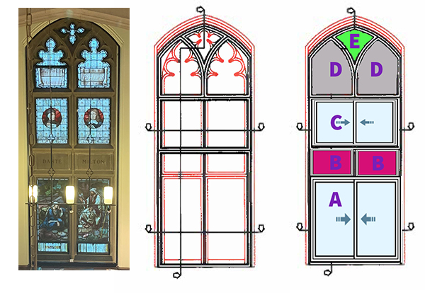 A diagram showing the build up of the secondary glazed units to complete the treatment of the 3 imposing gothic arched primary windows
