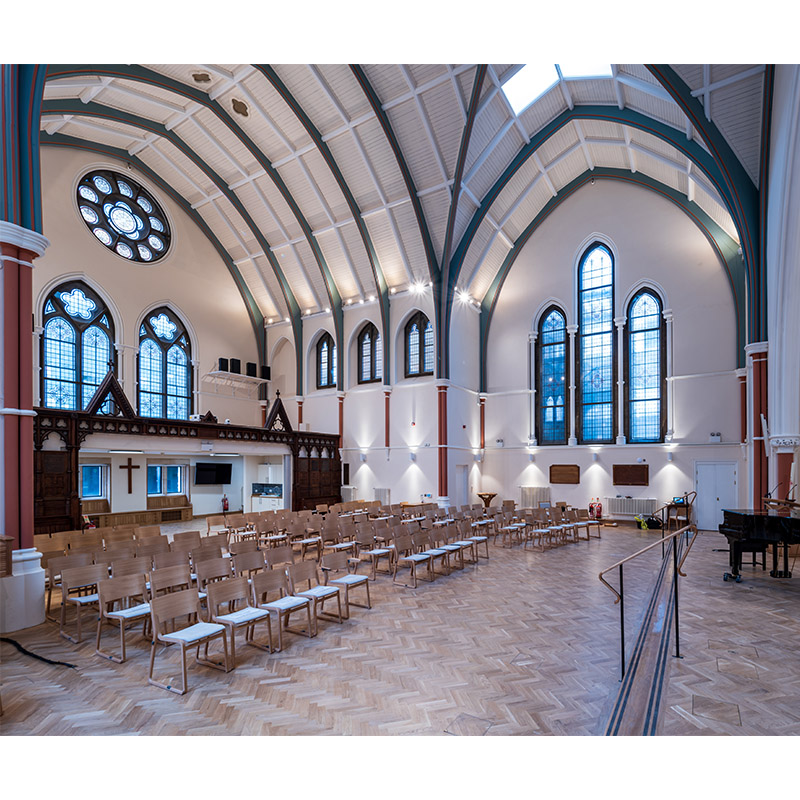 Downing Place United Reformed Church wide angle of church interior windows