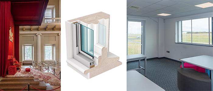 Selectaglaze secondary glazing with primary window makeup in the content of a Listed building project - Banqueting House and new build Stansted Airport College