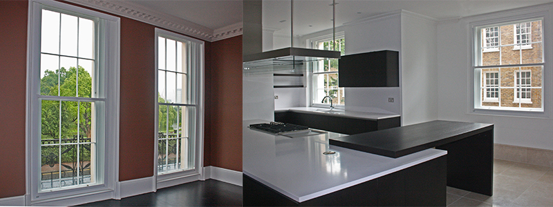 Monumental secondary glazed windows in the living area and kitchen at Cornwall Terrace over looking Regent's Park, London