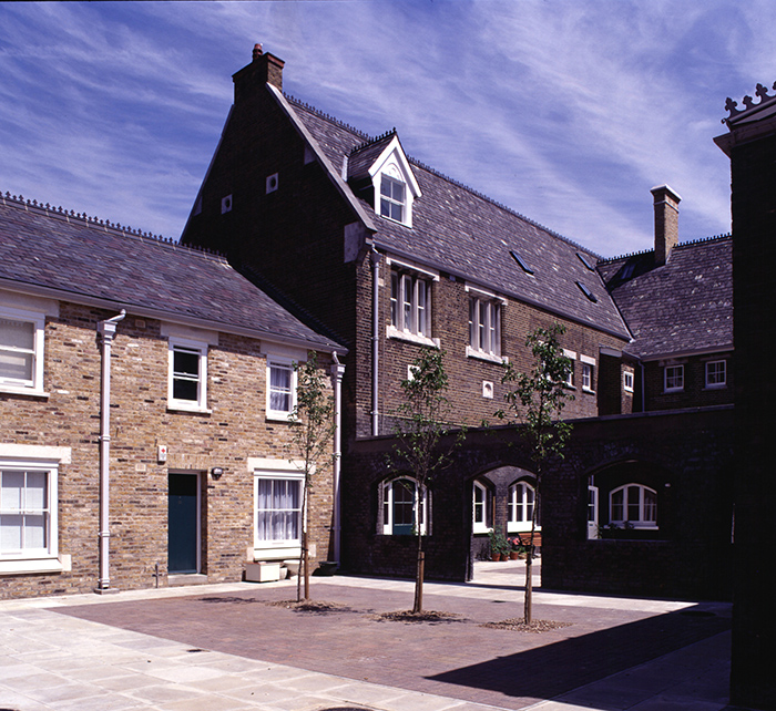 Old School Court view to courtyard with new apartments overlooking after the conversion from former High Court School