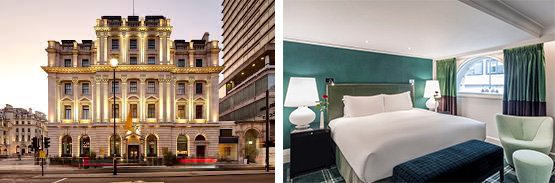 External shot of hotel in busy London location next to an inner tranquil bedroom with acoustic secondary glazing for hotels