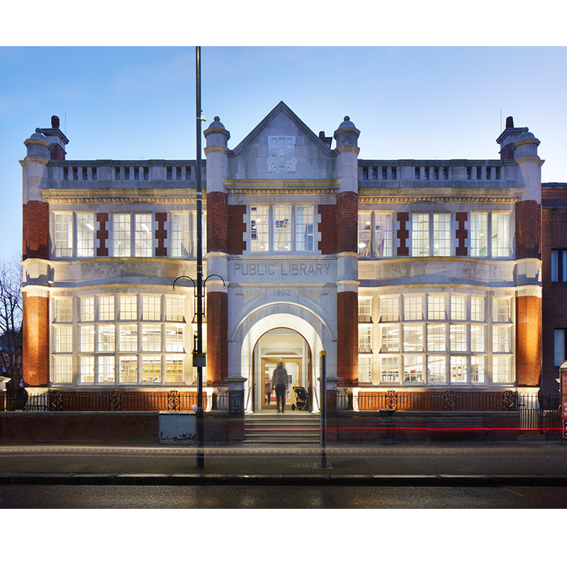 Plumstead high street elevation with bow windows framing the entrance to the Library. Selectaglaze secondary glazing was installed throughout to provide upgrades to the original windows; providing acoustic and thermal insulation