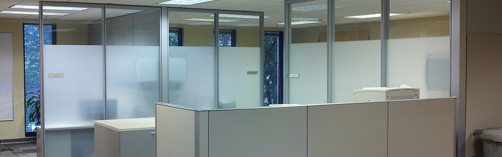 Partitions with frosted film applied for privacy