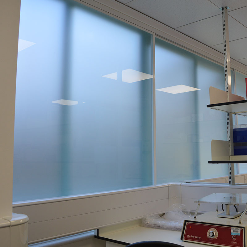 Satinovo secondary glazing for privacy at PsiOxus Theraputics medical research laboratory