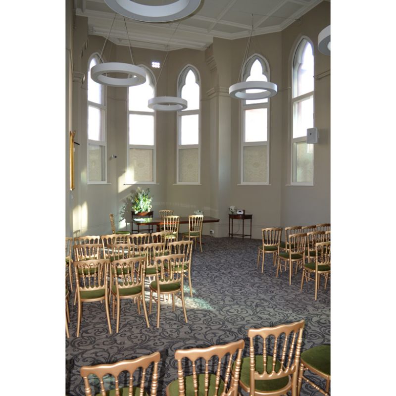 Internal view of the gothic arched windows with retrofit Selectaglaze secondary glazing, making Reading Town Hall’s Ceremonies room more acoustically sound.