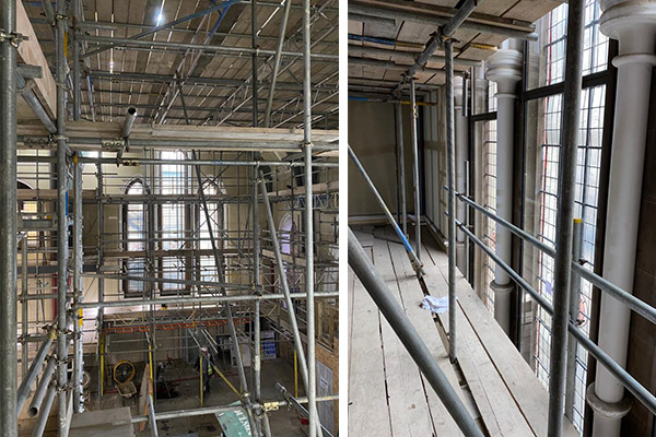 A labryinth of scaffolding was erected by the main contractor in the refurbishment at the United Reform Church in Cambridge to allow Selectaglaze access to the primary windows for a thermal secondary glazing installation