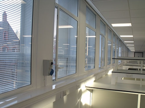 Liverpool University Sherrington Building research laboratory with secondary glazing and integral blinds