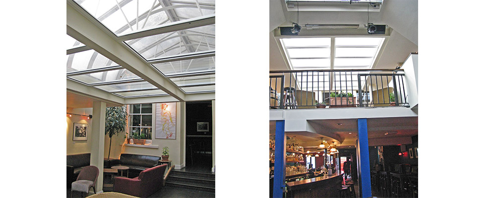 Polycarbonate roof over the courtyard with secondary glazing at Charlotte Street Blues Club