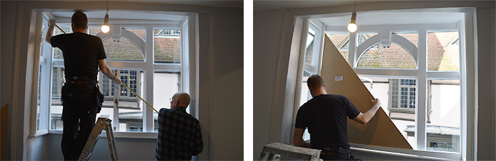 The use of builders squares to work out the exact fitting of secondary glazing in a Grade I Listed gabled bay window