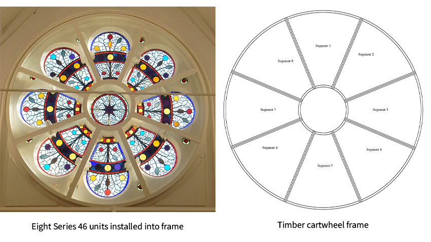 Stained glass rose window and diagram of timber cartwheel frame - SG