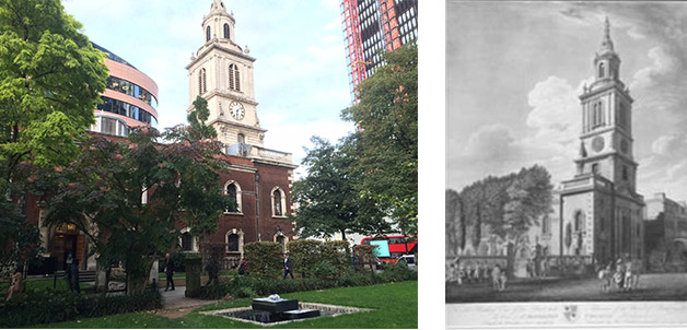 An image of St Botolph showing how it was in 1802 and now surrounded by high rise buildings in 2019