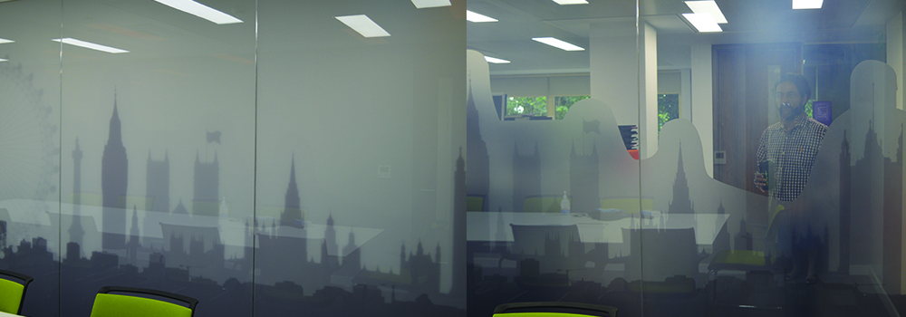 Switchable glass partition in opaque and transparent setting in Selectaglaze office