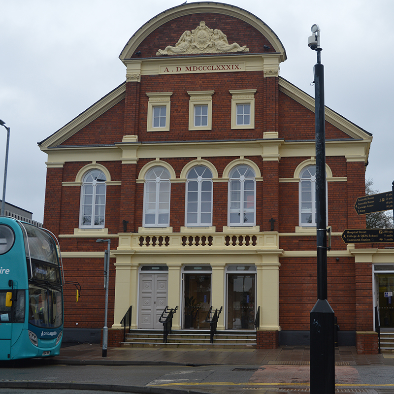 External image showing bus terminal outside Tamworth Assembly Rooms theatre auditorium